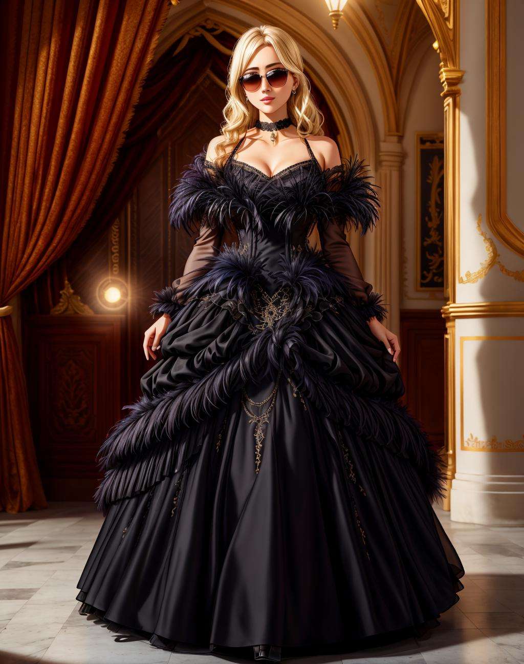 4K, Masterpiece, highres, absurdres,ballgown,edgNoire, blonde Nadia with sunglasses and a choker, black sheer dress,(feathered top:1.25) ,wearing edgNoire <lora:Nadia:0.35> <lora:NoireGown:0.75>