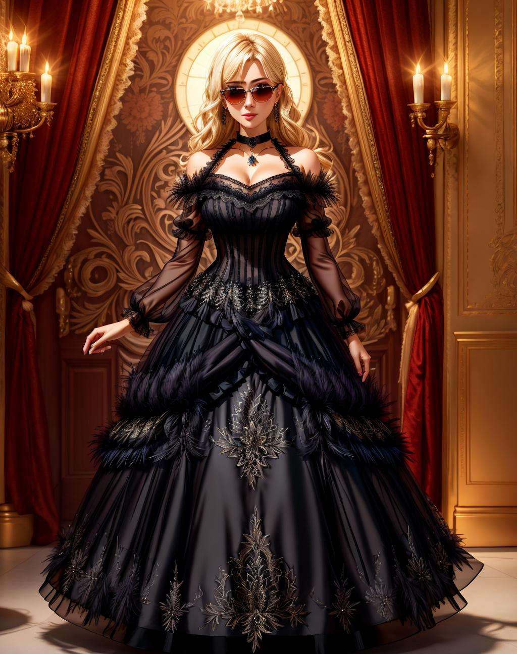 4K, Masterpiece, highres, absurdres,ballgown,edgNoire, blonde Nadia with sunglasses and a choker, black sheer dress,(see through,feathered top:1.25) ,wearing edgNoire <lora:Nadia:0.35> <lora:NoireGown:0.75>