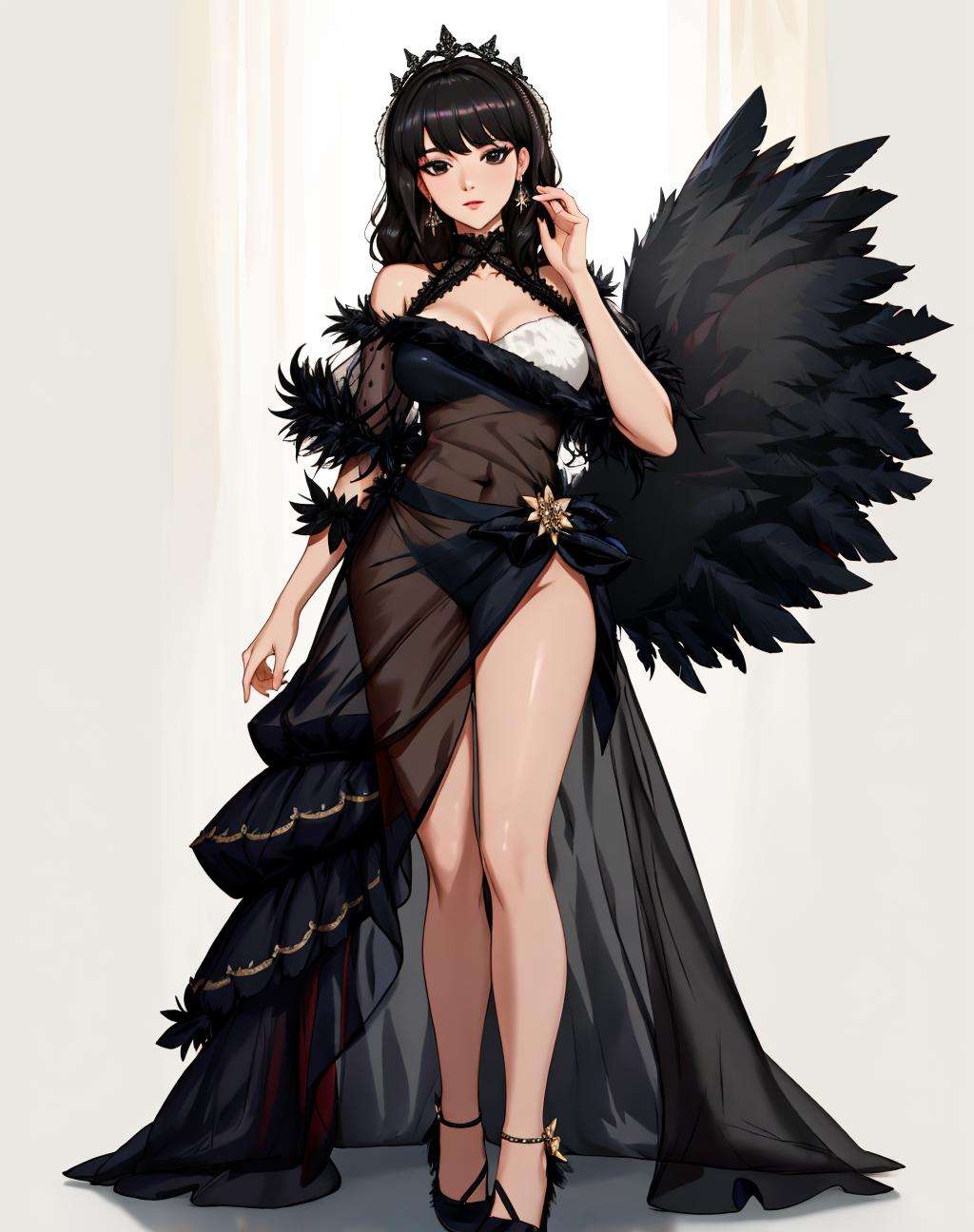 4K, Masterpiece, highres, absurdres,ballgown,edgNoire, woman, black sheer dress,(see through,feathered top:1.25),wearing edgNoire<lora:NoireGown:0.85>