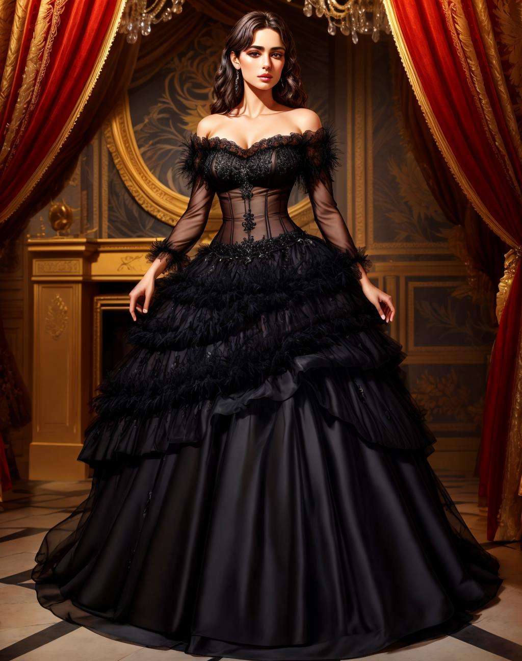 4K, Masterpiece, highres, absurdres,ballgown,edgNoire, woman, black sheer dress,[(see through,feathered top:1.25)|lingerie] ,wearing edgNoire<lora:NoireGown:0.85>