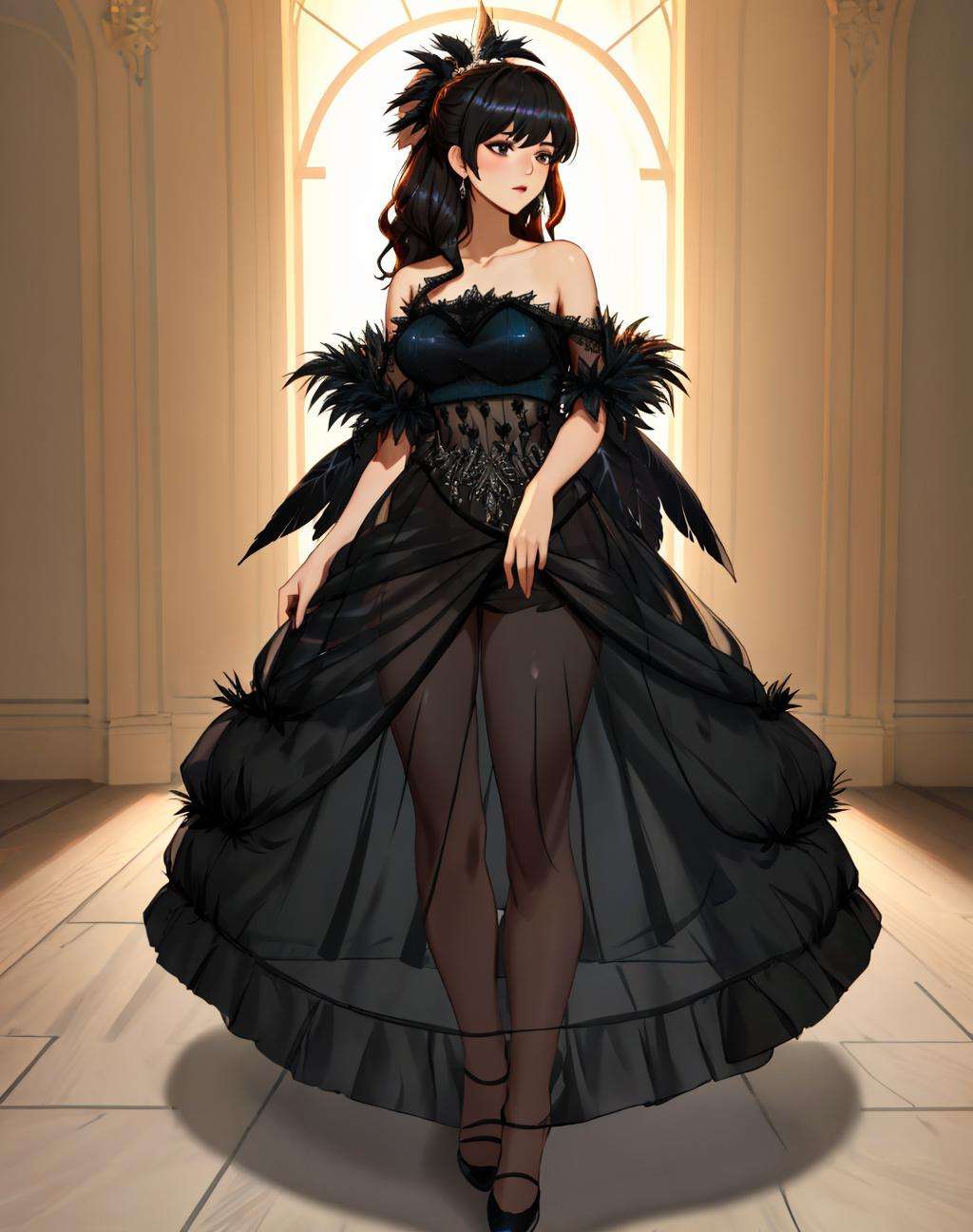 4K, Masterpiece, highres, absurdres,ballgown,edgNoire, woman, black sheer dress,(see through,feathered top:1.25),wearing edgNoire<lora:NoireGown:0.85>