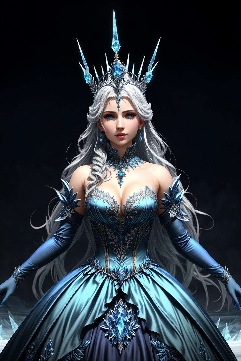 Masterpiece, absurdres,HDR,8k,best quality,ballgown,edgShiva, a woman in a icy blue ([dress|ballgown]::0.5), wearing a crown on ice, wearing edgShiva,wearing a ballgown <lora:ShivaGown:0.8>