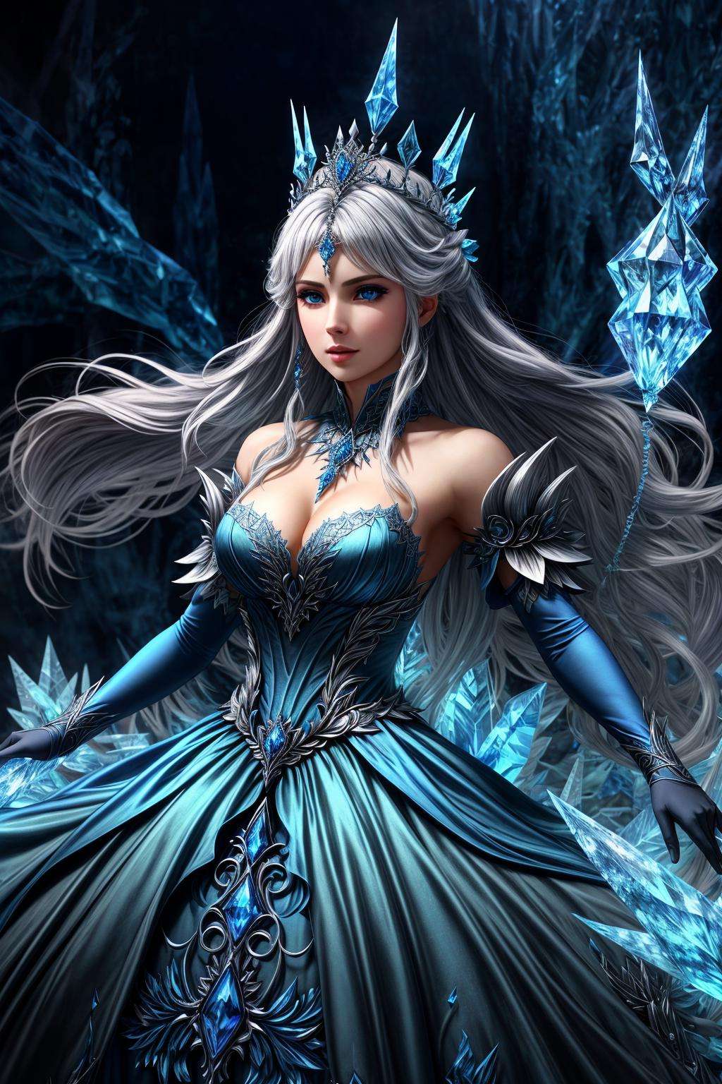 Masterpiece, absurdres,HDR,8k,best quality,ballgown,edgShiva, a woman in a icy blue ([dress|ballgown]::0.5), wearing a crown on ice, wearing edgShiva,wearing a ballgown <lora:ShivaGown:0.8>