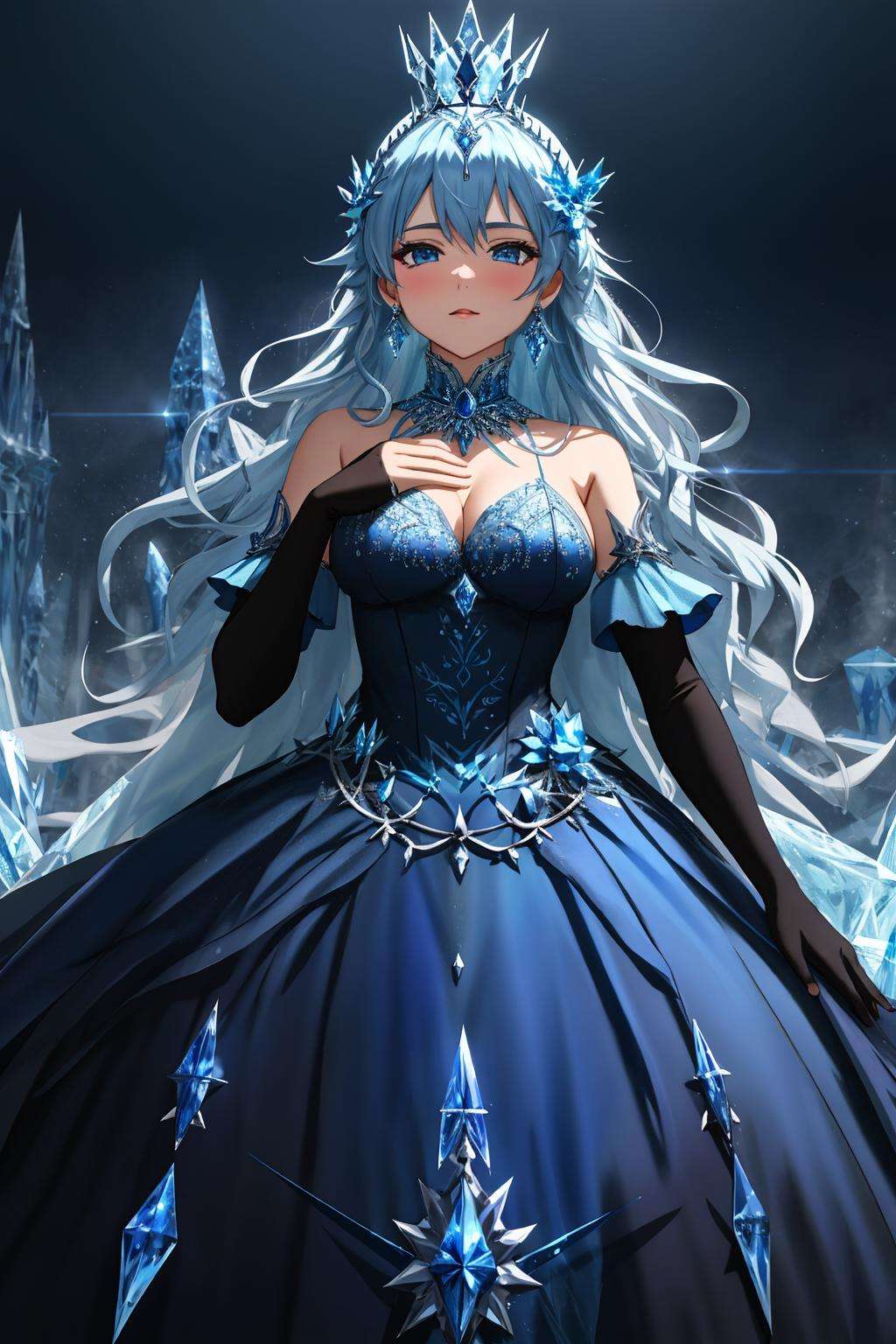 Masterpiece, absurdres,HDR,8k,best quality,ballgown,edgShiva, a woman in a icy blue ([dress|ballgown]::0.5), wearing a crown on ice, wearing edgShiva,wearing a ballgown <lora:ShivaGown:0.8>