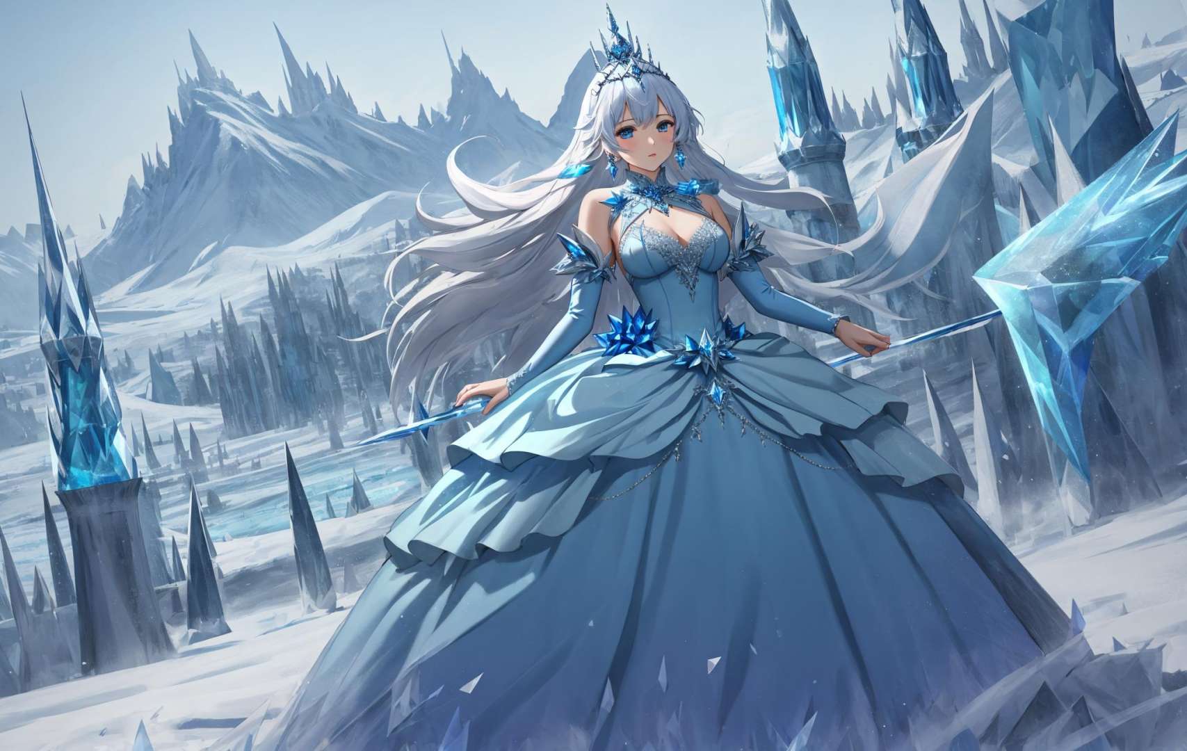 (solo,1girl:1.3)Masterpiece, absurdres,HDR,8k,best quality,ballgown,edgShiva, a woman in a icy blue ([dress|ballgown]::0.5), wearing a crown on ice, wearing edgShiva,wearing a ballgown, snowy mountains background, ice castle <lora:ShivaGown:0.8>