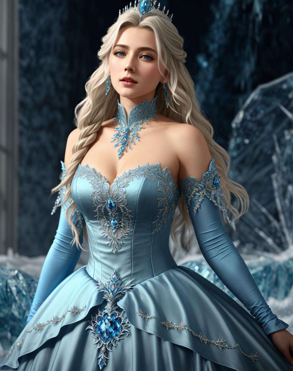 Masterpiece, absurdres,HDR,8k,best quality,ballgown,edgShiva, a woman in a icy blue [dress|ballgown], wearing a crown, on ice,wearing edgShiva <lora:ShivaGown:0.8>