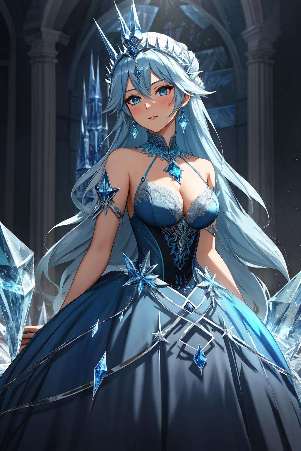 Masterpiece, absurdres,HDR,8k,best quality,ballgown,edgShiva, a woman in a icy blue ([dress|ballgown]::0.5), wearing a crown on ice, wearing edgShiva,wearing a ballgown <lora:ShivaGown:0.8>