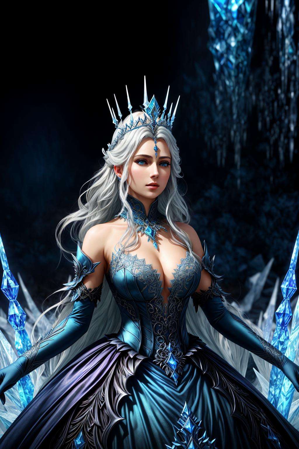 Masterpiece, absurdres,HDR,8k,best quality,ballgown,edgShiva, a woman in a icy blue ([dress|ballgown]::0.5), wearing a crown on ice, wearing edgShiva <lora:ShivaGown:0.8>