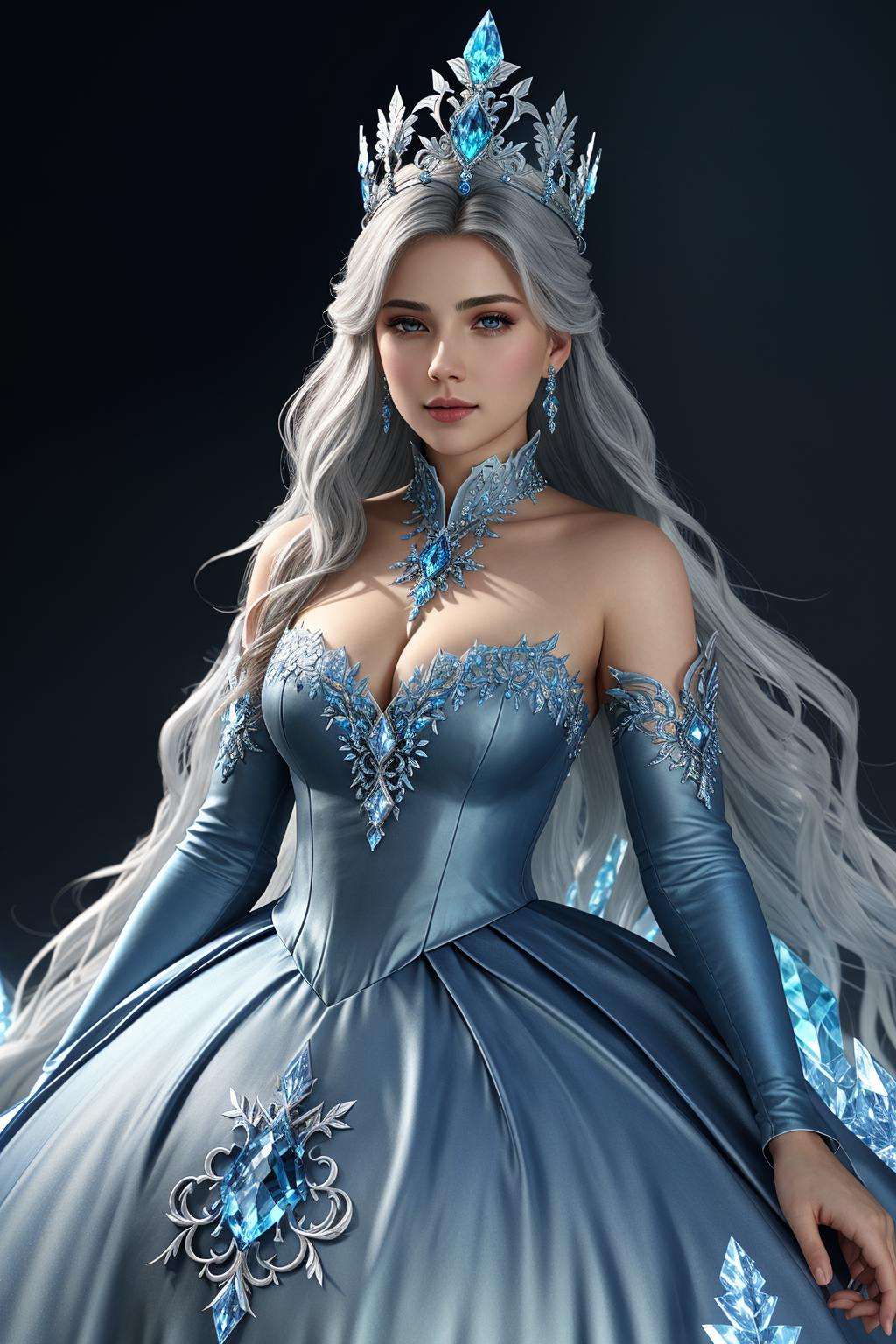 Masterpiece, absurdres,HDR,8k,best quality,ballgown,edgShiva, a woman in a icy blue ([dress|ballgown]::0.5), wearing a crown, on ice,wearing edgShiva <lora:ShivaGown:0.8>