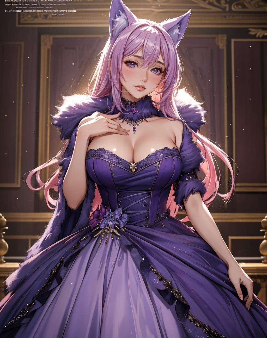 ((Masterpiece, best quality,photography, detailed skin, realistic, photo-realistic, 8k, highly detailed, full length frame, High detail RAW color art, diffused soft lighting, shallow depth of field, sharp focus, hyperrealism, cinematic lighting,close up))(dgrbst,animal ears,fur), ballgown, a woman in a purple ballgown posing for a picture , wearing  dgrbst <lora:DangerousGowns:0.7>