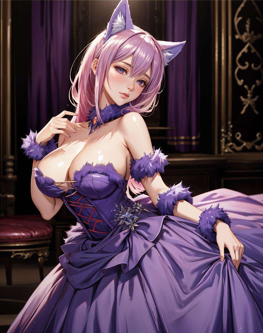 ((Masterpiece, best quality,photography, detailed skin, realistic, photo-realistic, 8k, highly detailed, full length frame, High detail RAW color art, diffused soft lighting, shallow depth of field, sharp focus, hyperrealism, cinematic lighting,close up))(dgrbst,animal ears,fur), ballgown, a woman in a purple ballgown posing for a picture , wearing  dgrbst <lora:DangerousGowns:0.7>