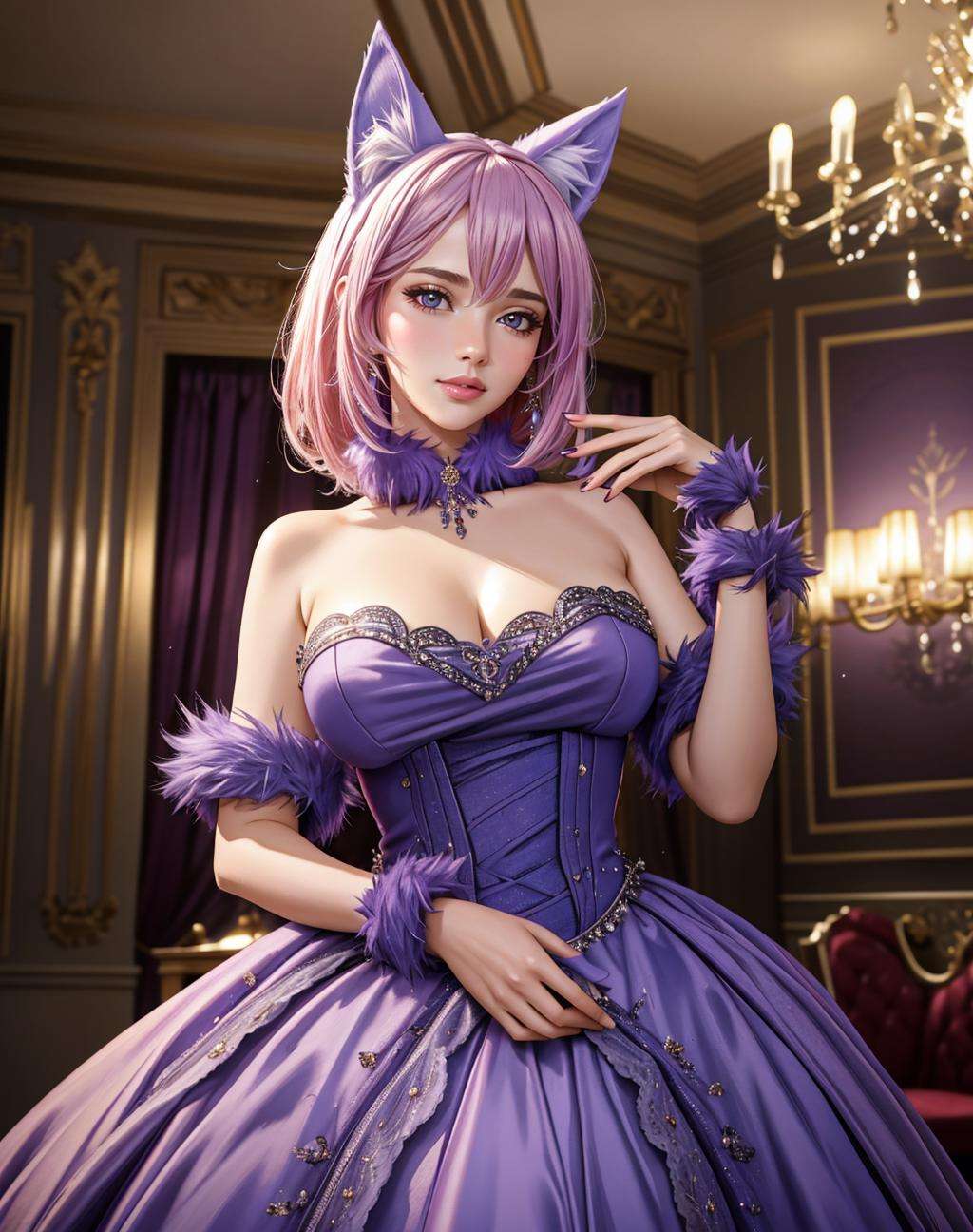 ((Masterpiece, best quality,photography, detailed skin, realistic, photo-realistic, 8k, highly detailed, full length frame, High detail RAW color art, diffused soft lighting, shallow depth of field, sharp focus, hyperrealism, cinematic lighting,close up))(dgrbst,animal ears,fur), ballgown, a woman in a purple ballgown posing for a picture , wearing  dgrbst <lora:DangerousGowns:0.7>