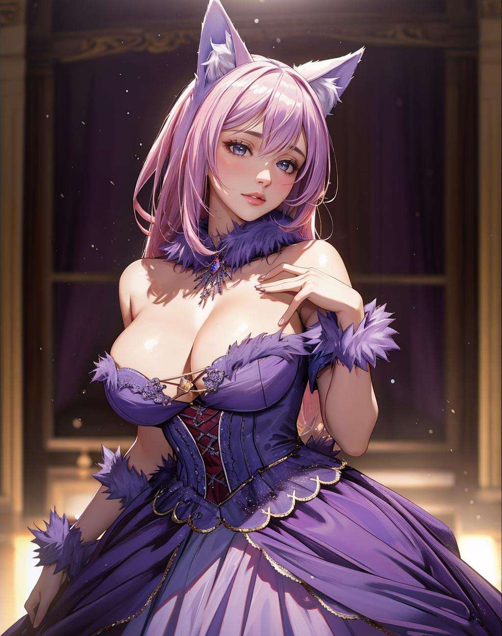 ((Masterpiece, best quality,photography, detailed skin, realistic, photo-realistic, 8k, highly detailed, full length frame, High detail RAW color art, diffused soft lighting, shallow depth of field, sharp focus, hyperrealism, cinematic lighting,close up))(dgrbst,animal ears,fur), ballgown, a woman in a purple ballgown posing for a picture , wearing  dgrbst <lora:DangerousGowns:0.7>