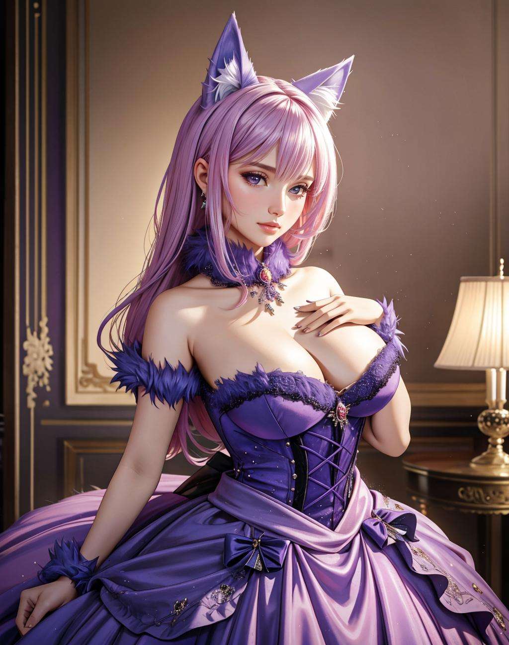 ((Masterpiece, best quality,photography, detailed skin, realistic, photo-realistic, 8k, highly detailed, full length frame, High detail RAW color art, diffused soft lighting, shallow depth of field, sharp focus, hyperrealism, cinematic lighting,close up))(dgrbst,animal ears,fur), ballgown, a woman in a purple ballgown posing for a picture , wearing  dgrbst <lora:DangerousGowns:0.7>