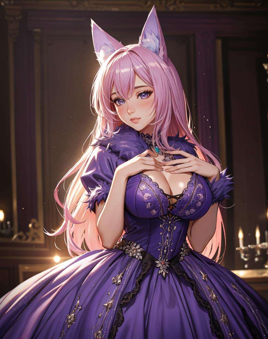 ((Masterpiece, best quality,photography, detailed skin, realistic, photo-realistic, 8k, highly detailed, full length frame, High detail RAW color art, diffused soft lighting, shallow depth of field, sharp focus, hyperrealism, cinematic lighting,close up))(dgrbst,animal ears,fur), ballgown, a woman in a purple ballgown posing for a picture , wearing  dgrbst <lora:DangerousGowns:0.7>