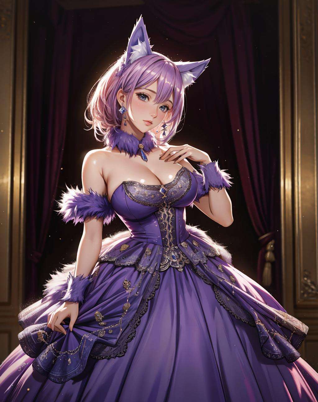 ((Masterpiece, best quality,photography, detailed skin, realistic, photo-realistic, 8k, highly detailed, full length frame, High detail RAW color art, diffused soft lighting, shallow depth of field, sharp focus, hyperrealism, cinematic lighting,close up))(dgrbst,animal ears,fur), ballgown, a woman in a purple ballgown posing for a picture , wearing  dgrbst <lora:DangerousGowns:0.7>