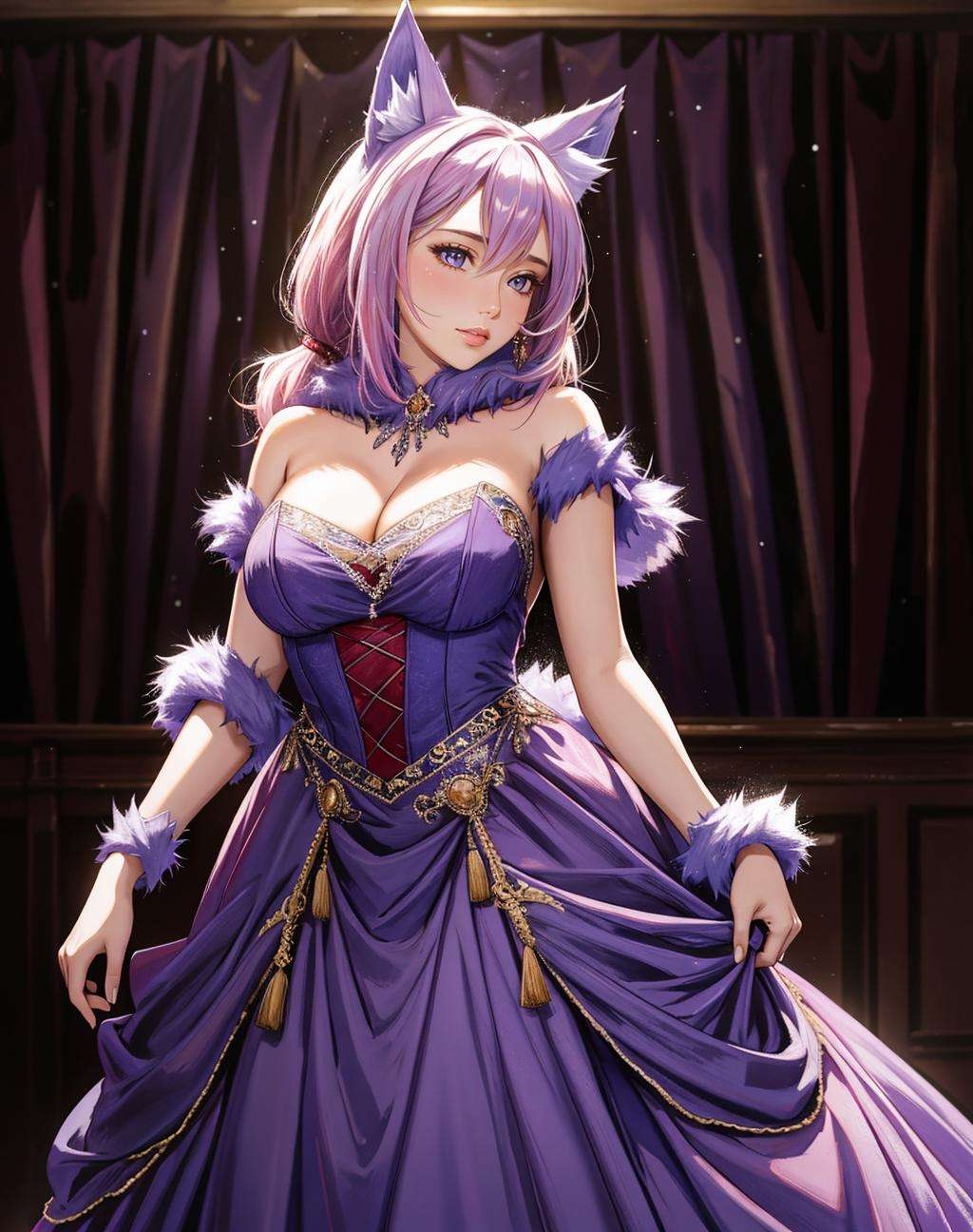 ((Masterpiece, best quality,photography, detailed skin, realistic, photo-realistic, 8k, highly detailed, full length frame, High detail RAW color art, diffused soft lighting, shallow depth of field, sharp focus, hyperrealism, cinematic lighting,close up))(dgrbst,animal ears,fur), ballgown, a woman in a purple ballgown posing for a picture , wearing  dgrbst <lora:DangerousGowns:0.7>