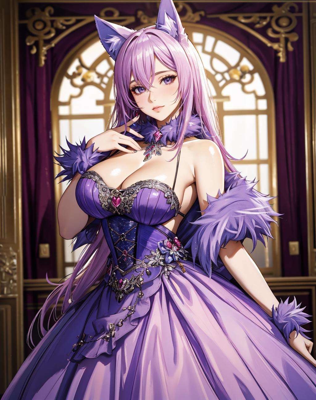 ((Masterpiece, best quality,photography, detailed skin, realistic, photo-realistic, 8k, highly detailed, full length frame, High detail RAW color art, diffused soft lighting, shallow depth of field, sharp focus, hyperrealism, cinematic lighting,close up))(dgrbst,animal ears,fur), ballgown, a woman in a purple ballgown posing for a picture , wearing  dgrbst <lora:DangerousGowns:0.7>