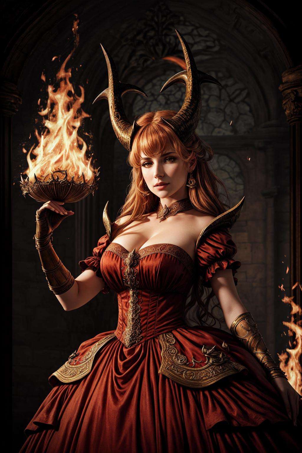 ((Masterpiece, best quality,photography, detailed skin, realistic, photo-realistic, 8k, highly detailed, full length frame, High detail RAW color art, diffused soft lighting, shallow depth of field, sharp focus, hyperrealism, cinematic lighting,close up)),(edgIfrit_dress:1.2),ballgown a  woman  in a demonic edgIfrit_dress ,horns, fire and brimstone<lora:edgIfritGowns:0.8>