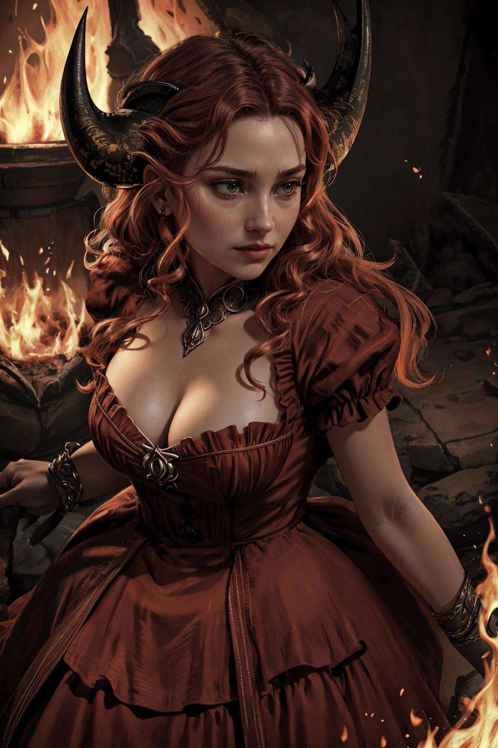 ((Masterpiece, best quality,photography, detailed skin, realistic, photo-realistic, 8k, highly detailed, full length frame, High detail RAW color art, diffused soft lighting, shallow depth of field, sharp focus, hyperrealism, cinematic lighting,close up)),(edgIfrit_dress:1.2),ballgown a  woman  in a demonic edgIfrit_dress ,horns, fire and brimstone<lora:edgIfritGowns:0.8>