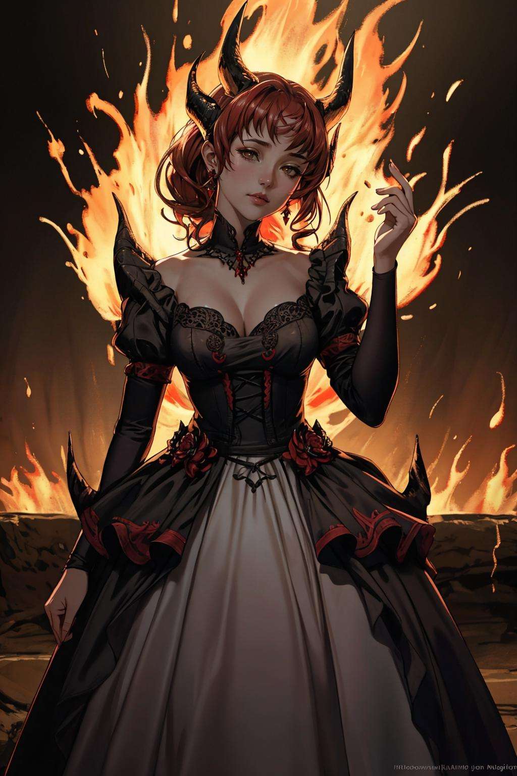 ((Masterpiece, best quality,photography, detailed skin, realistic, photo-realistic, 8k, highly detailed, full length frame, High detail RAW color art, diffused soft lighting, shallow depth of field, sharp focus, hyperrealism, cinematic lighting,close up)),(edgIfrit_dress:1.2),ballgown a  woman  in a demonic edgIfrit_dress ,horns, fire and brimstone<lora:edgIfritGowns:0.8>