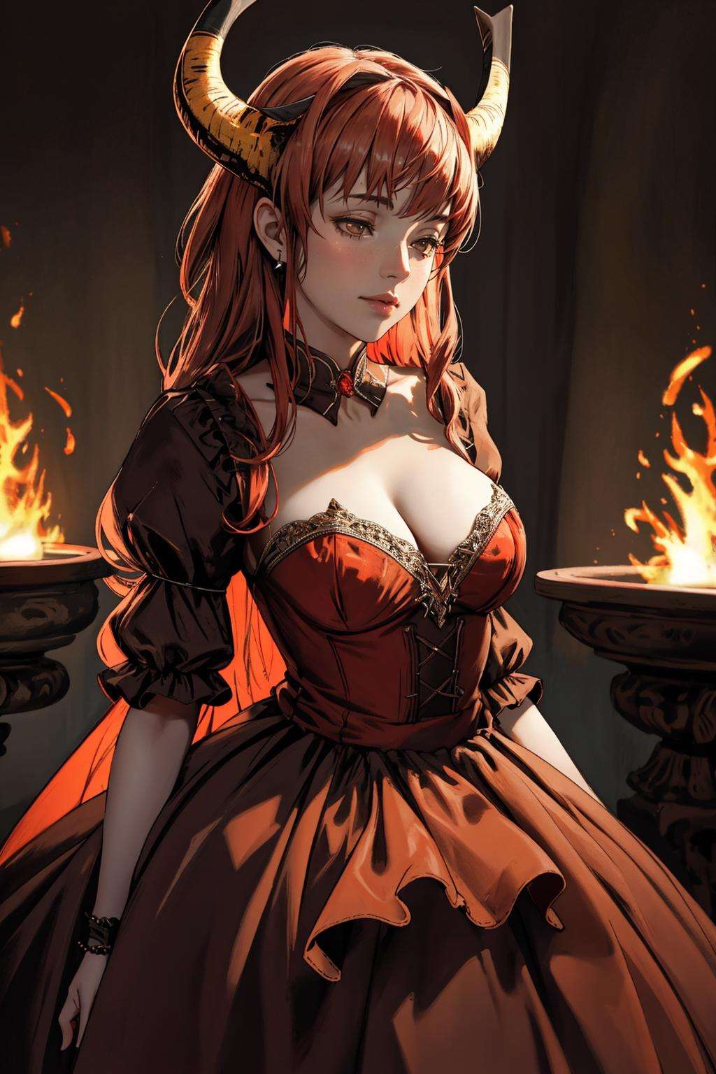 ((Masterpiece, best quality,photography, detailed skin, realistic, photo-realistic, 8k, highly detailed, full length frame, High detail RAW color art, diffused soft lighting, shallow depth of field, sharp focus, hyperrealism, cinematic lighting,close up)),(edgIfrit_dress:1.2),ballgown a  woman  in a demonic edgIfrit_dress ,horns, fire and brimstone<lora:edgIfritGowns:0.8>