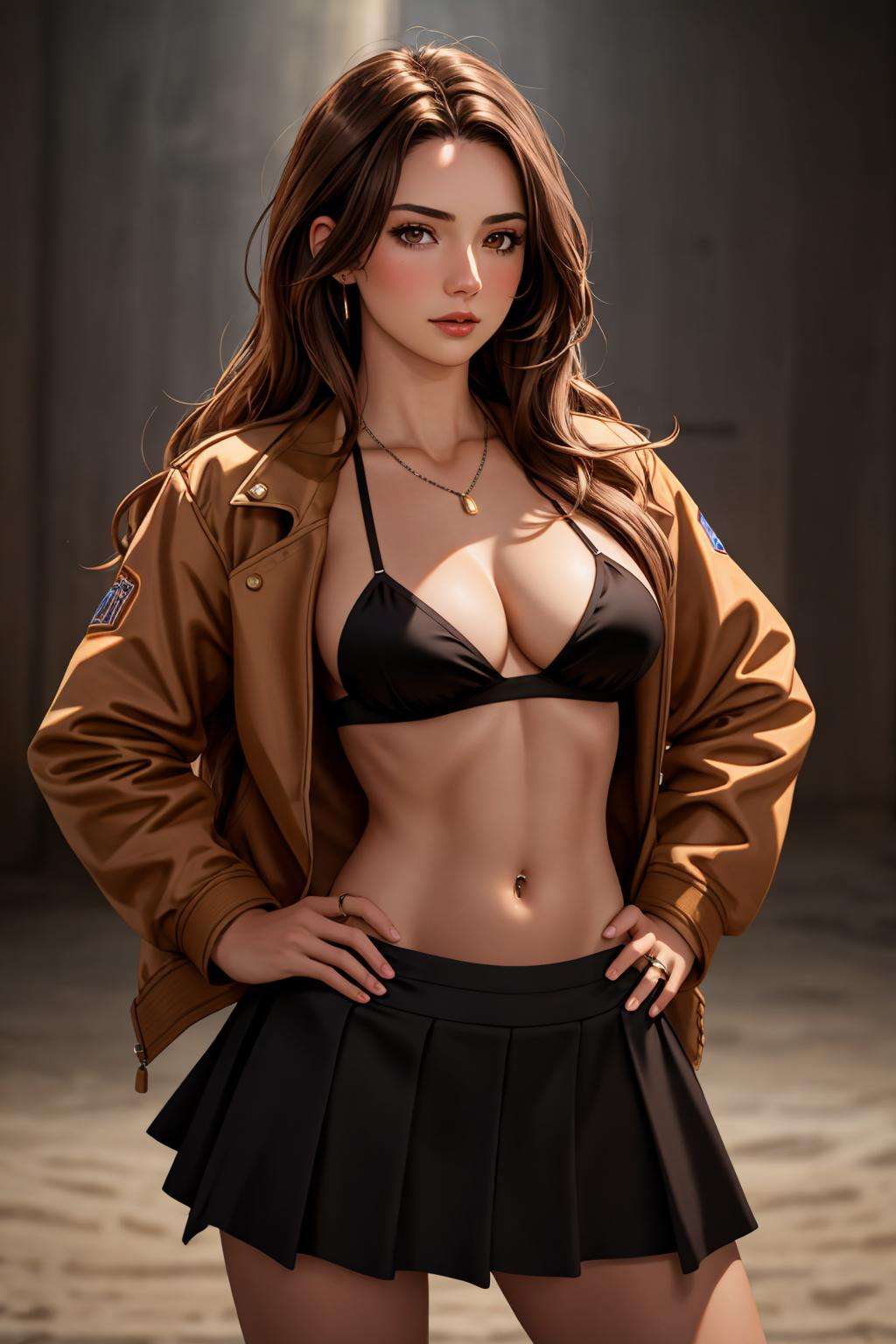 Masterpiece, absurdres,HDR,8k,excited,best quality, cowboy shotedgSDress, 1girl, solo, long hair, breasts, looking at viewer, skirt, brown hair,  navel, brown eyes, jewelry, jacket, midriff, black skirt, lips, no bra, ring, realistic , wearing edgSDress <lora:edgSDress:0.787>