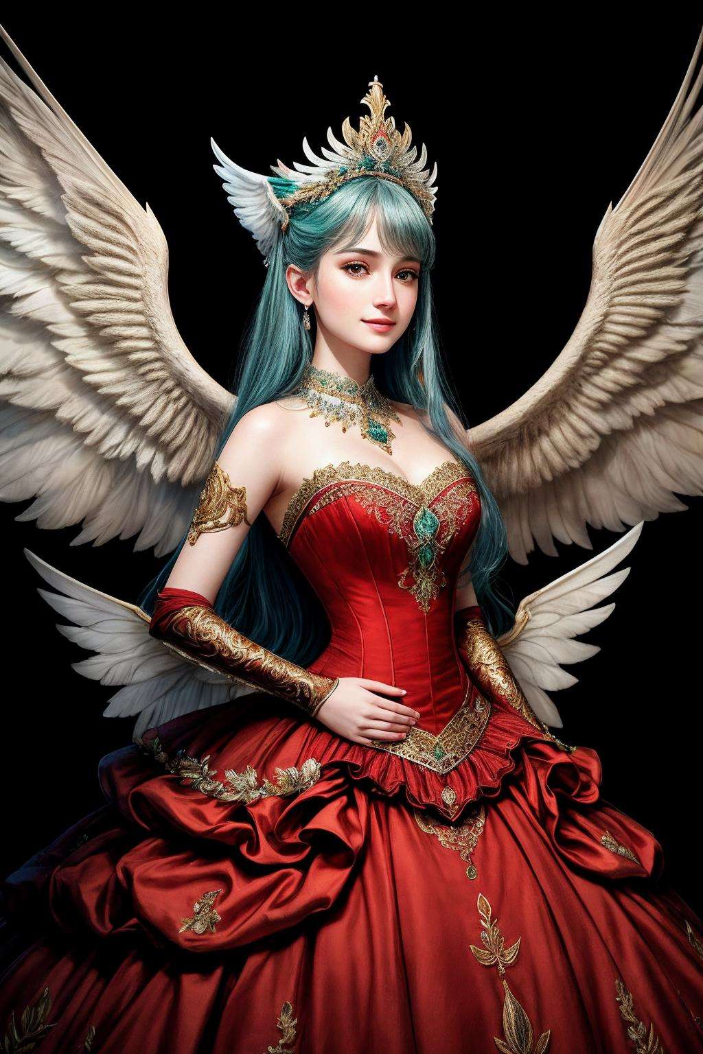 ((Masterpiece, best quality,photography, detailed skin, realistic, photo-realistic, 8k, highly detailed, full length frame, High detail RAW color art, diffused soft lighting, shallow depth of field, sharp focus, hyperrealism, cinematic lighting,close up)),smiling(edgGaruda_dress:1.2),((ballgown)) a  bird_woman wearing [ballgown|edgGaruda_dress] golden crown, floral embroidery,hand on hip,<lora:edgGarudaBallgown:0.8>