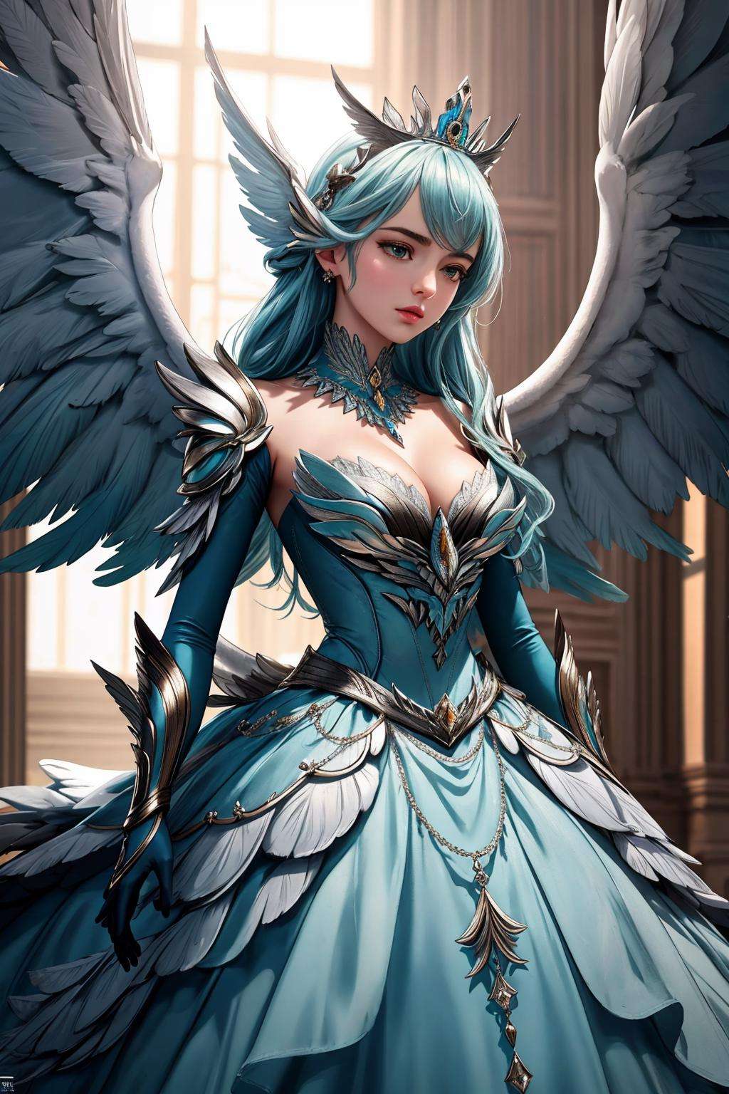 ((Masterpiece, best quality,photography, detailed skin, realistic, photo-realistic, 8k, highly detailed, full length frame, High detail RAW color art, diffused soft lighting, shallow depth of field, sharp focus, hyperrealism, cinematic lighting,close up)),(edgGaruda_dress:1.2),ballgown a  bird_woman wearing [ballgown|edgGaruda_dress] ,in the sky,crown of feathers <lora:edgGarudaBallgown:0.8>