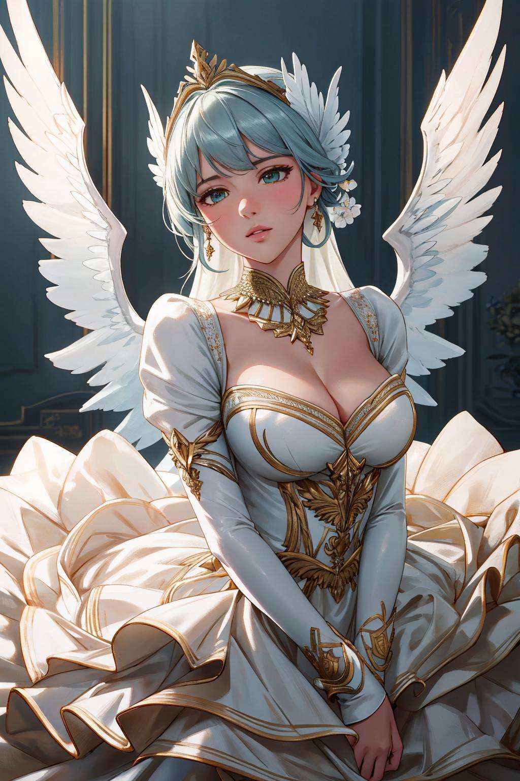 ((Masterpiece, best quality,photography, detailed skin, realistic, photo-realistic, 8k, highly detailed, full length frame, High detail RAW color art, diffused soft lighting, shallow depth of field, sharp focus, hyperrealism, cinematic lighting,close up)),(edgGaruda_dress:1.2),ballgown a  bird_woman wearing [ballgown|edgGaruda_dress] ,in the sky, golden embroidery<lora:edgGarudaBallgown:0.8>