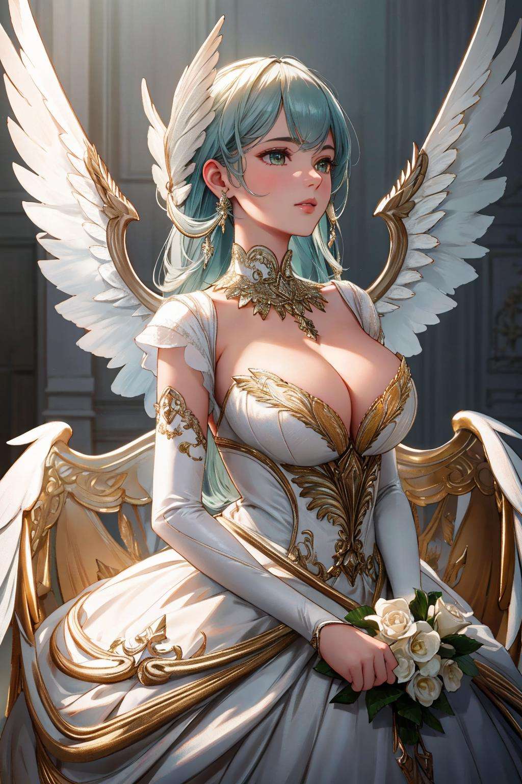 ((Masterpiece, best quality,photography, detailed skin, realistic, photo-realistic, 8k, highly detailed, full length frame, High detail RAW color art, diffused soft lighting, shallow depth of field, sharp focus, hyperrealism, cinematic lighting,close up)),(edgGaruda_dress:1.2),ballgown a  bird_woman wearing [ballgown|edgGaruda_dress] ,in the sky, golden embroidery<lora:edgGarudaBallgown:0.8>