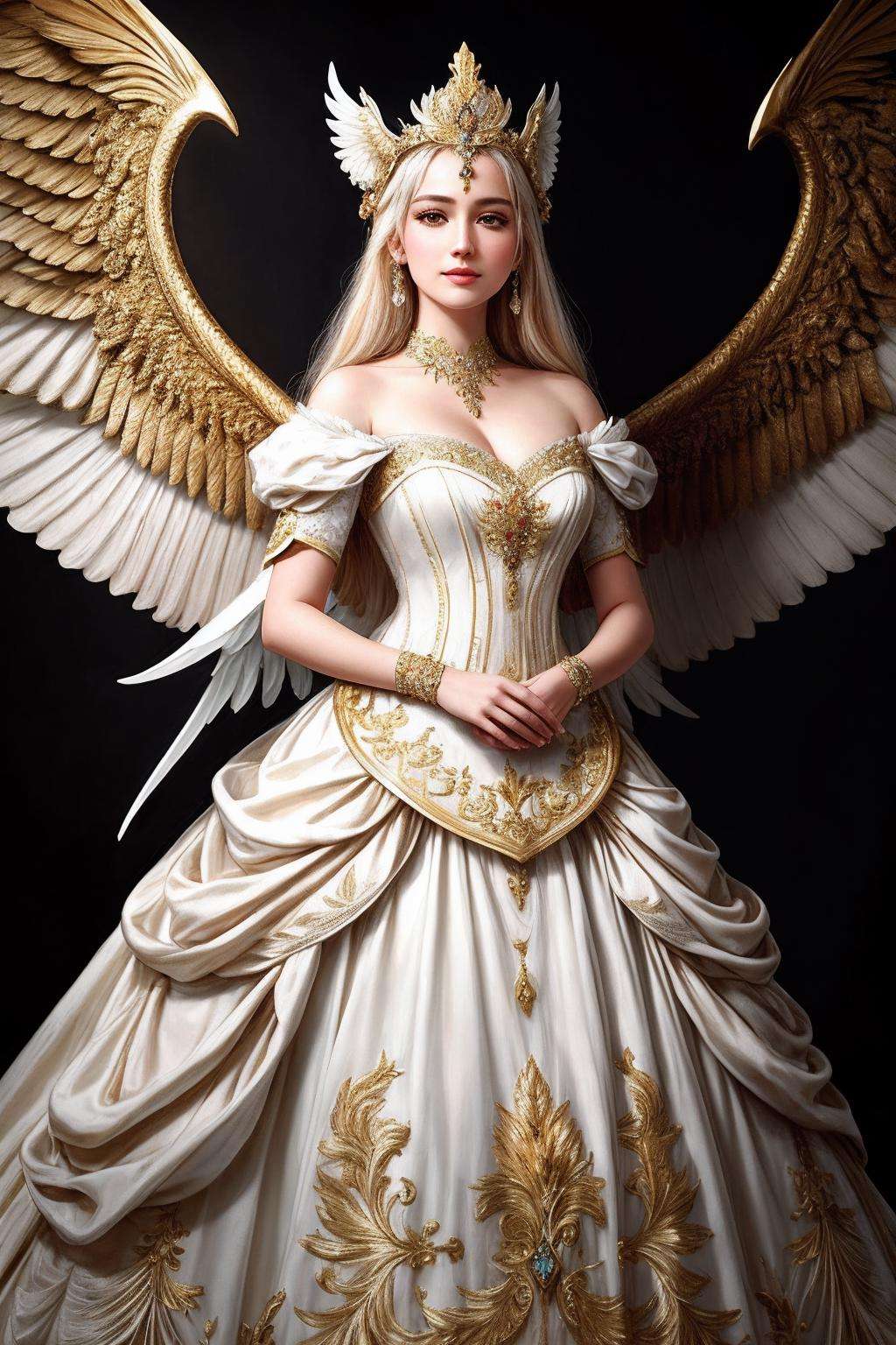 ((Masterpiece, best quality,photography, detailed skin, realistic, photo-realistic, 8k, highly detailed, full length frame, High detail RAW color art, diffused soft lighting, shallow depth of field, sharp focus, hyperrealism, cinematic lighting,close up)),smiling(edgGaruda_dress:1.2),white ballgown, a  bird_woman wearing [ballgown|edgGaruda_dress] golden crown, floral embroidery,hand on hip,<lora:edgGarudaBallgown:0.8>