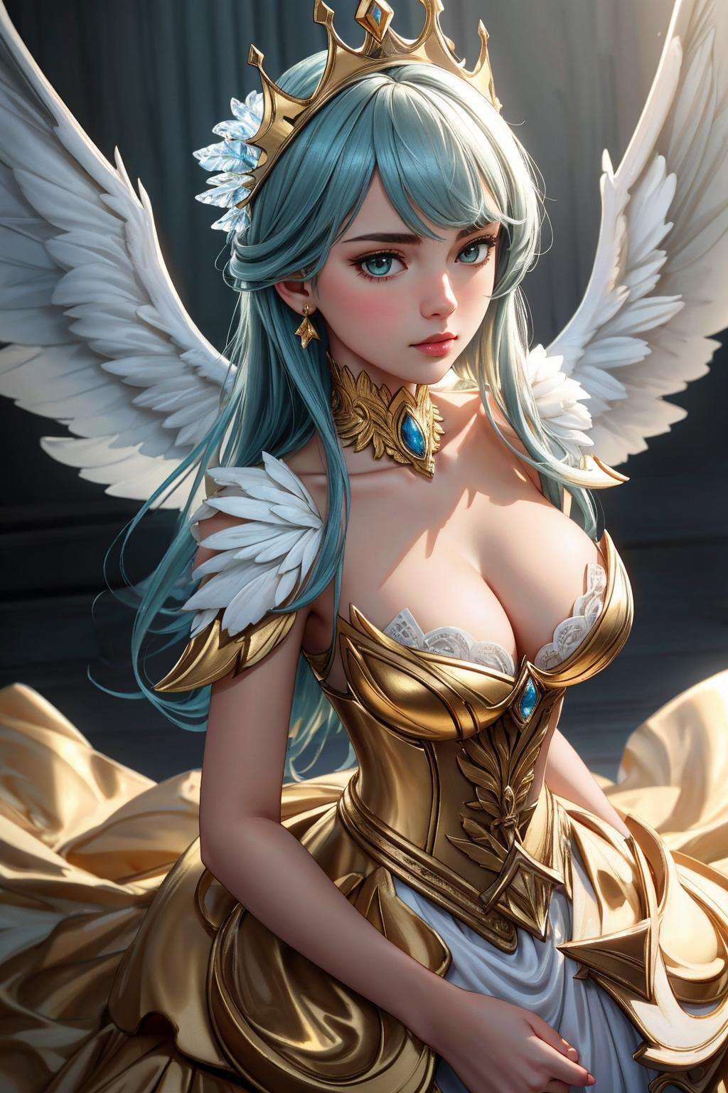 ((Masterpiece, best quality,photography, detailed skin, realistic, photo-realistic, 8k, highly detailed, full length frame, High detail RAW color art, diffused soft lighting, shallow depth of field, sharp focus, hyperrealism, cinematic lighting,close up)),(edgGaruda_dress:1.2),ballgown a  bird_woman wearing [ballgown|edgGaruda_dress] ,in the sky,golden crown <lora:edgGarudaBallgown:0.8>