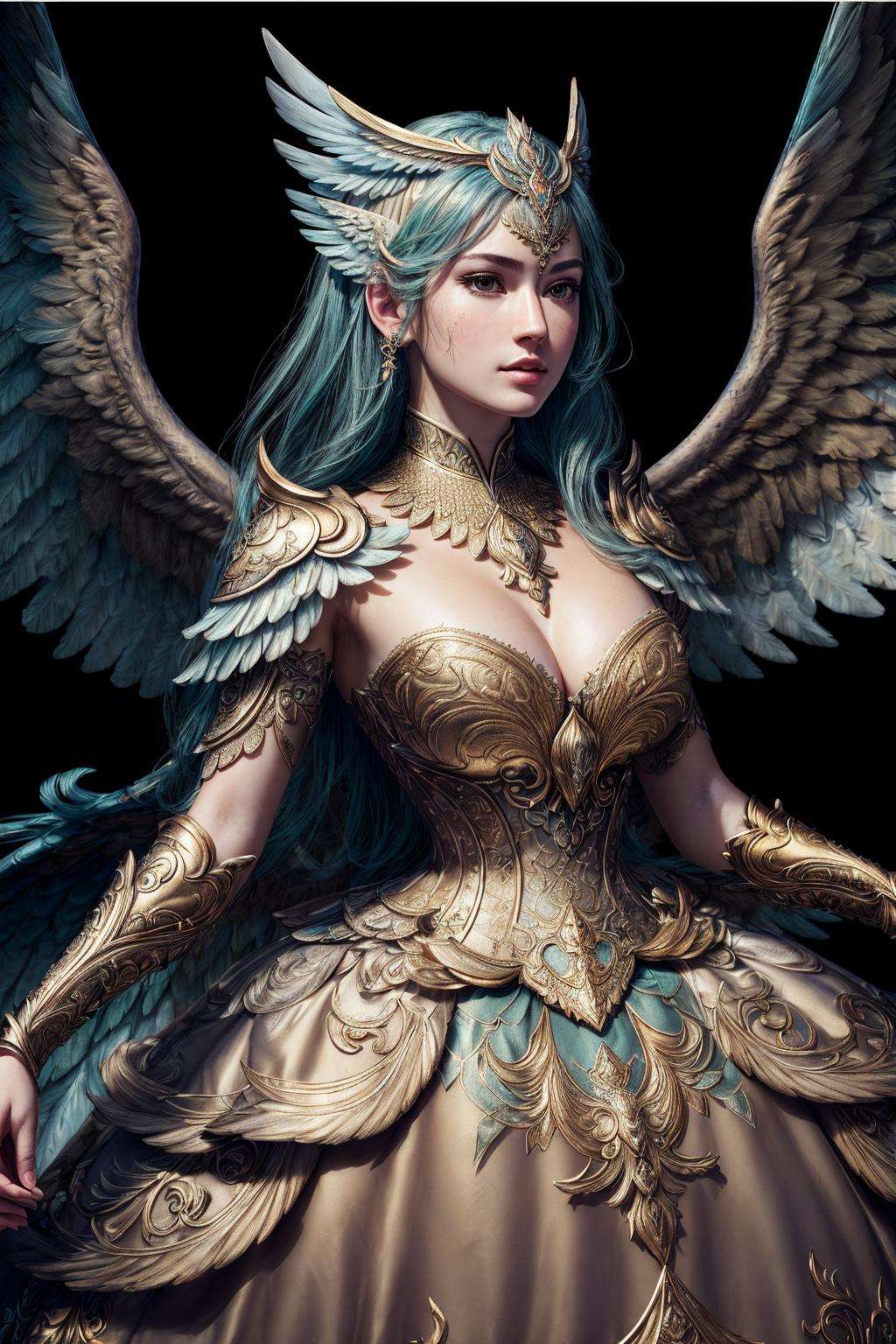 ((Masterpiece, best quality,photography, detailed skin, realistic, photo-realistic, 8k, highly detailed, full length frame, High detail RAW color art, diffused soft lighting, shallow depth of field, sharp focus, hyperrealism, cinematic lighting,close up)),(edgGaruda_dress:1.2),ballgown a  bird_woman wearing [ballgown|edgGaruda_dress]  golden embroidery<lora:edgGarudaBallgown:0.8>