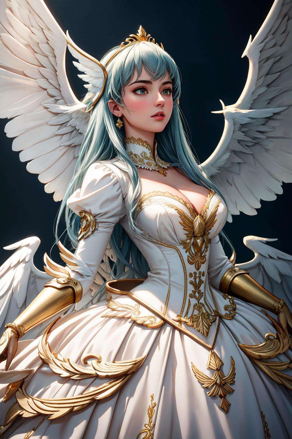 ((Masterpiece, best quality,photography, detailed skin, realistic, photo-realistic, 8k, highly detailed, full length frame, High detail RAW color art, diffused soft lighting, shallow depth of field, sharp focus, hyperrealism, cinematic lighting,close up)),(edgGaruda_dress:1.2),ballgown a  bird_woman wearing [ballgown|edgGaruda_dress] ,in the sky, golden embroidery<lora:edgGarudaBallgown:0.8>