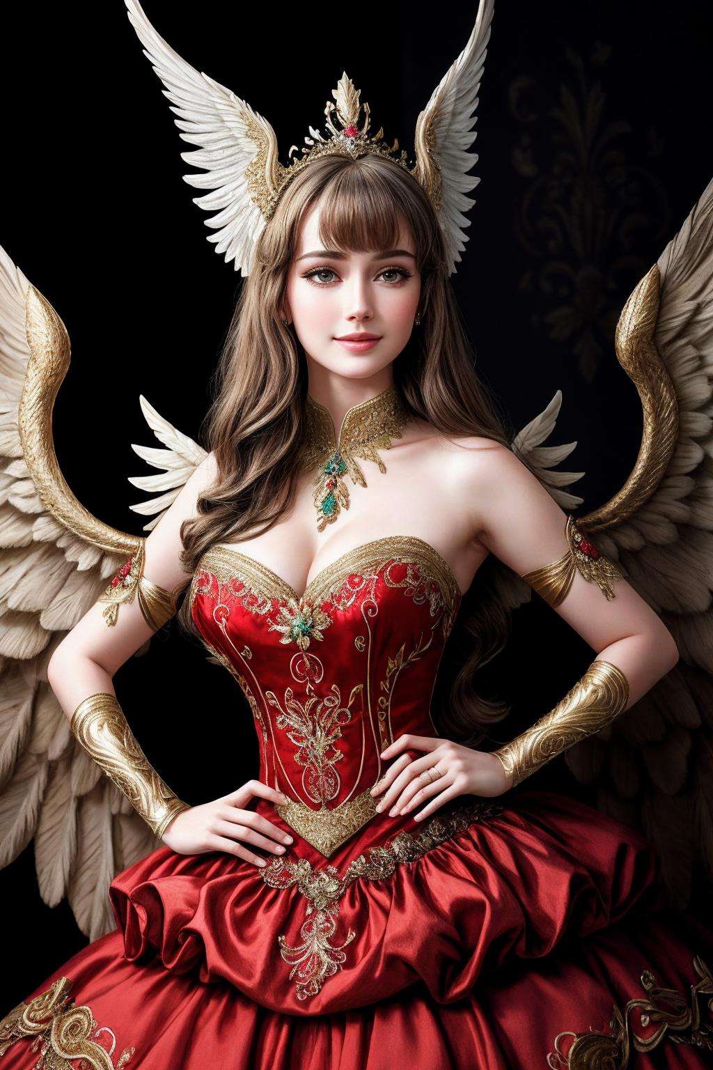 ((Masterpiece, best quality,photography, detailed skin, realistic, photo-realistic, 8k, highly detailed, full length frame, High detail RAW color art, diffused soft lighting, shallow depth of field, sharp focus, hyperrealism, cinematic lighting,close up)),smiling(edgGaruda_dress:1.2),((ballgown)) a  bird_woman wearing [ballgown|edgGaruda_dress] golden crown, floral embroidery,hand on hip,<lora:edgGarudaBallgown:0.8>