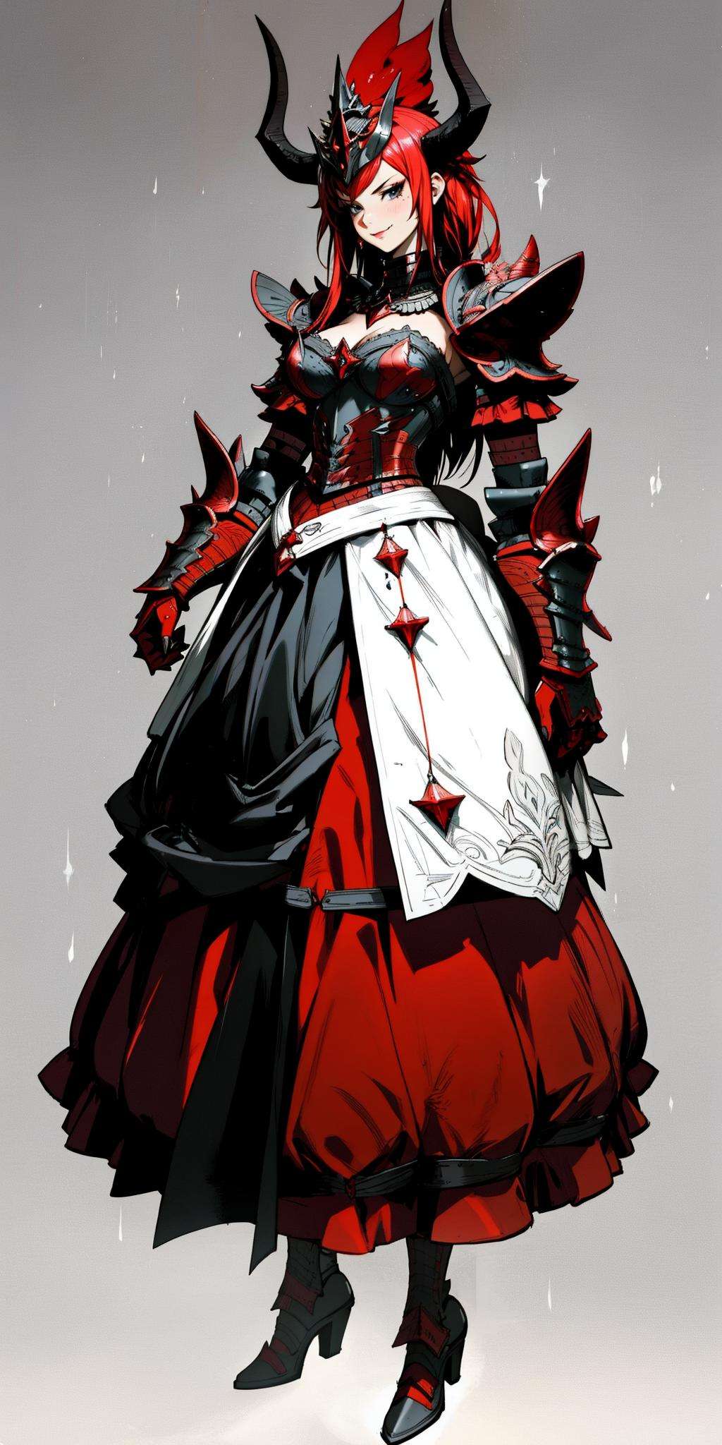 ((Masterpiece, best quality)),edgQualitysmirk,smug,red_(ballgown,edgRathArmor), solo, simple background, woman, belt, armor,tiara,horned helmet, shoulder armor, gauntlets, spikes, pauldrons,monster hunter (character) ,wearing [edgRathArmor|ballgown],full body,dragon, <lora:edgRathalosGowns:1>