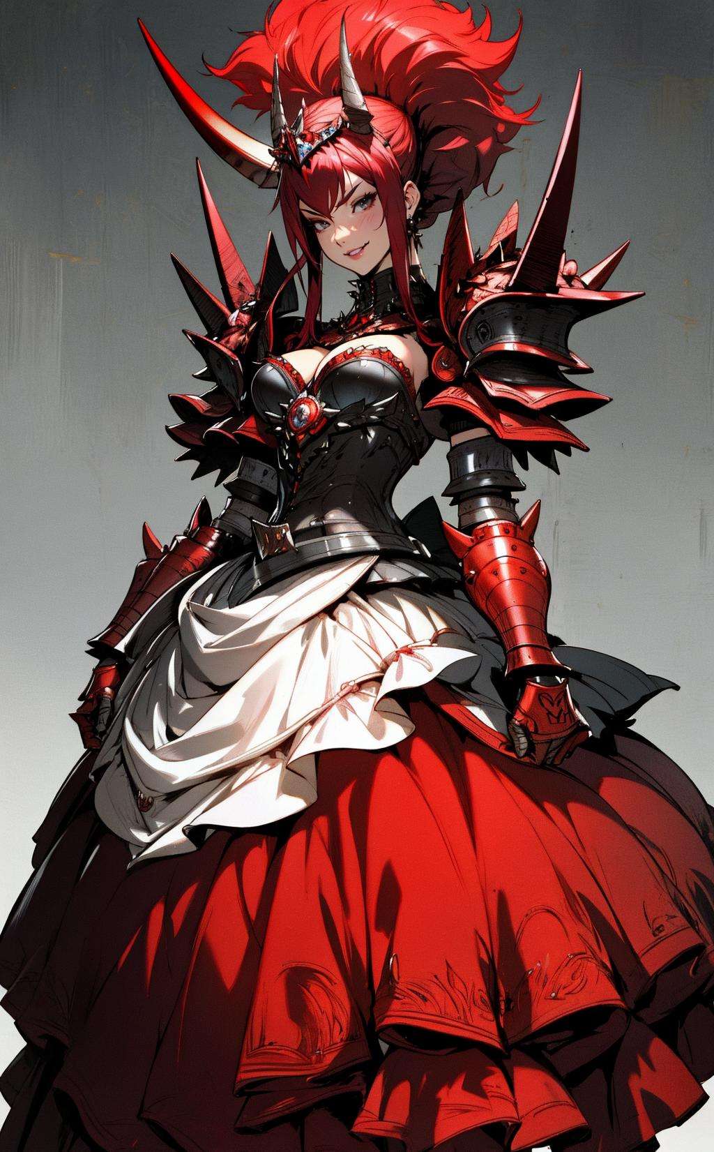 ((Masterpiece, best quality)),edgQualitysmirk,smug,red_(ballgown,edgRathArmor), solo, simple background, woman, belt, armor,tiara,horned helmet, shoulder armor, gauntlets, spikes, pauldrons,monster hunter (character) ,wearing [edgRathArmor|ballgown] <lora:edgRathalosGowns:1>