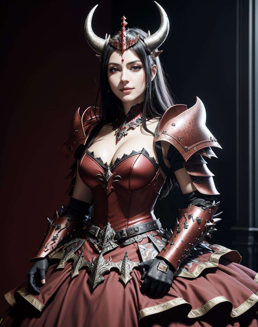 ((Masterpiece, best quality)),edgQualitysmirk,smug,red_(ballgown,edgRathArmor), solo, simple background, woman, belt, armor,tiara,horned helmet, shoulder armor, gauntlets, spikes, pauldrons,monster hunter (character) ,wearing [edgRathArmor|ballgown] <lora:edgRathalosGowns:1>