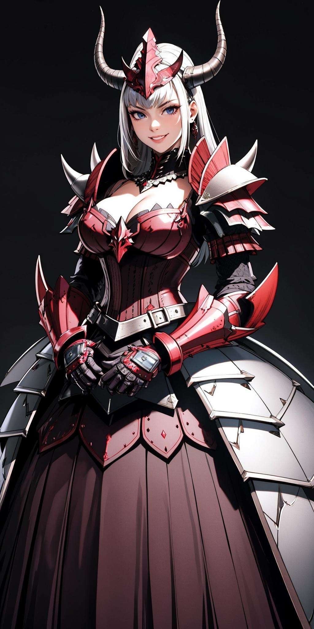 ((Masterpiece, best quality)),edgQualitysmiling,smug,ballgown,edgRathArmor, solo, simple background, woman, belt, armor, horned helmet, shoulder armor, gauntlets, spikes, pauldrons,monster hunter (character) ,wearing [edgRathArmor|ballgown] <lora:edgRathalosGowns:1>