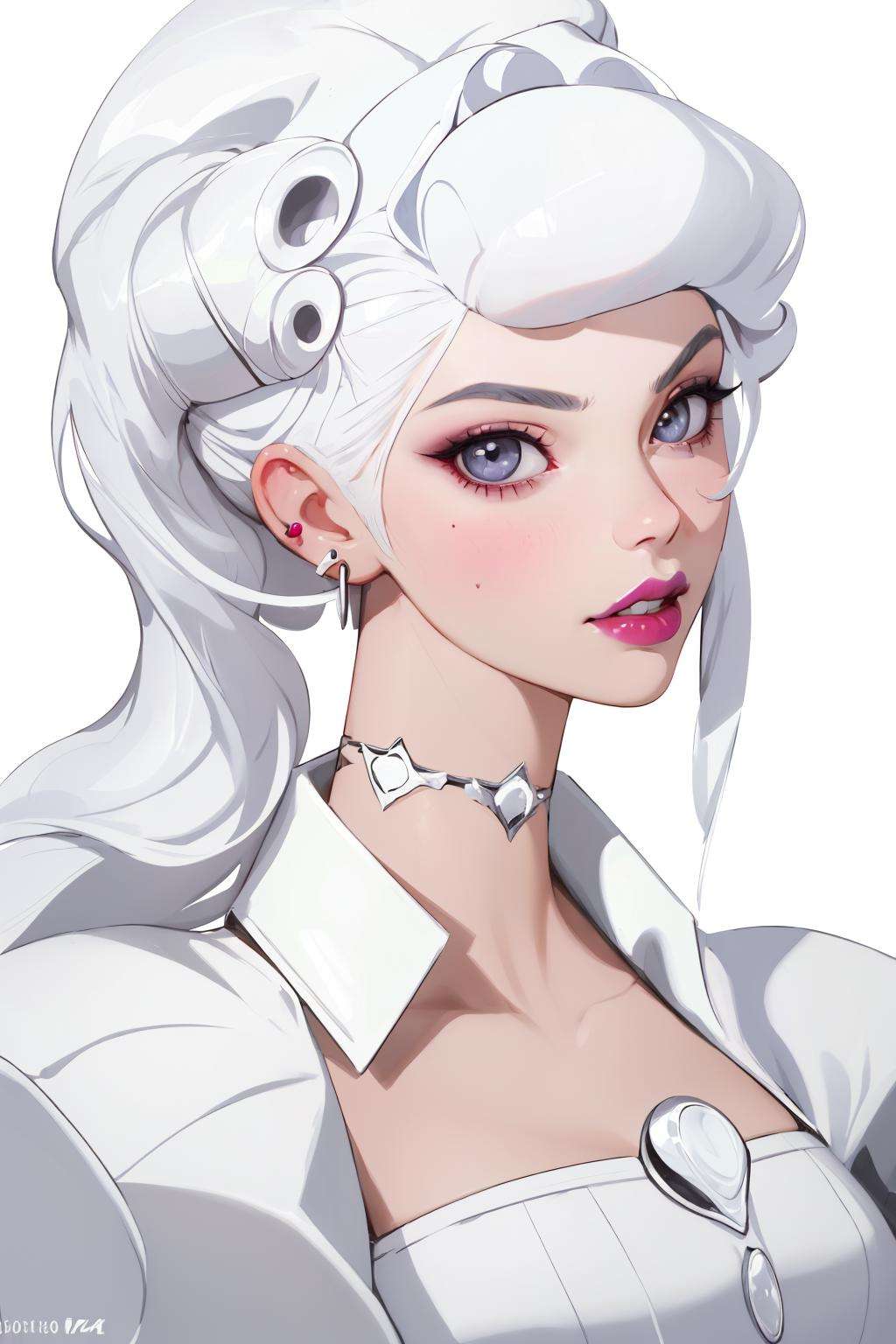 4K, Masterpiece, highres, absurdres, 1girl, solo, looking at viewer, simple background, white background, jewelry, white hair, earrings, teeth, choker, lips, grey eyes, makeup, lipstick, portrait, realistic, with edgMarquise hairstyle,((cowboy shot)) <lora:edgMarquise:0.8>