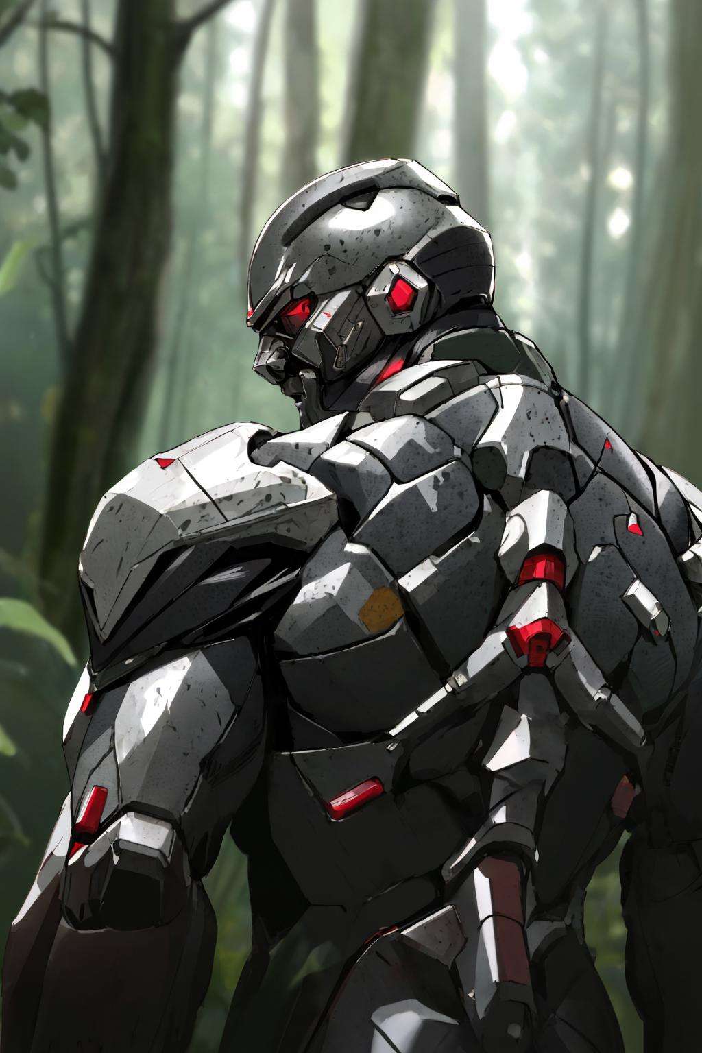 4K, Masterpiece, highres, absurdres, wearing crNanosuit, solo, 1boy, upper body, male focus, from behind, armor, blurry, tree, helmet, robot, nature, forest, science fiction, power armor <lora:crNanosuit:1>