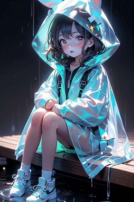 <lora:zycpp_20230808095133-000020:0.8>,1 girl,solo,sitting,a raincoat with a hat,a hat in the shape of a rabbit,transparent and luminous raincoat,blush,