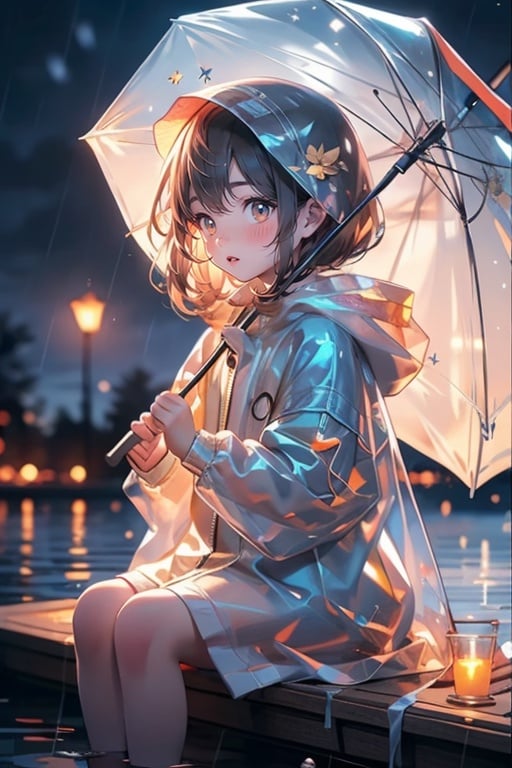 masterpiece,bestquality,highlydetailed,ultra-detailed,extremely detailed CG unity 8k wallpaper, illustration,<lora:zycpp_20230808095133-000020:0.8>, zycpp,1 girl,solo,sitting, transparency and luminous raincoat,blush, soft Light, umbrella, 