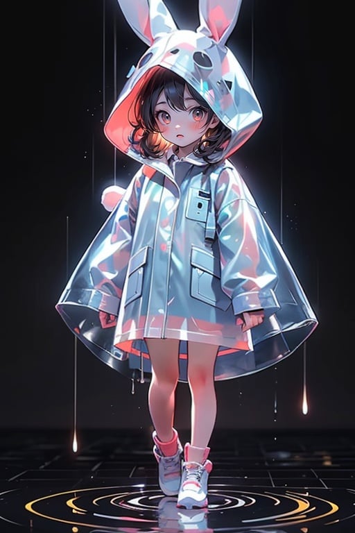 <lora:zycpp_20230808095133-000020:0.8>, zycpp,1 girl,solo,standing, a raincoat with a hat,a hat in the shape of a rabbit,translucency and luminous raincoat,blush, full body, 