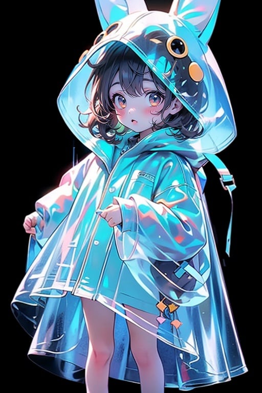 <lora:zycpp_20230808095133-000020:0.8>, zycpp, 1 girl,solo,standing, a raincoat with a hat,a hat in the shape of a rabbit,transparent and luminous raincoat,blush,