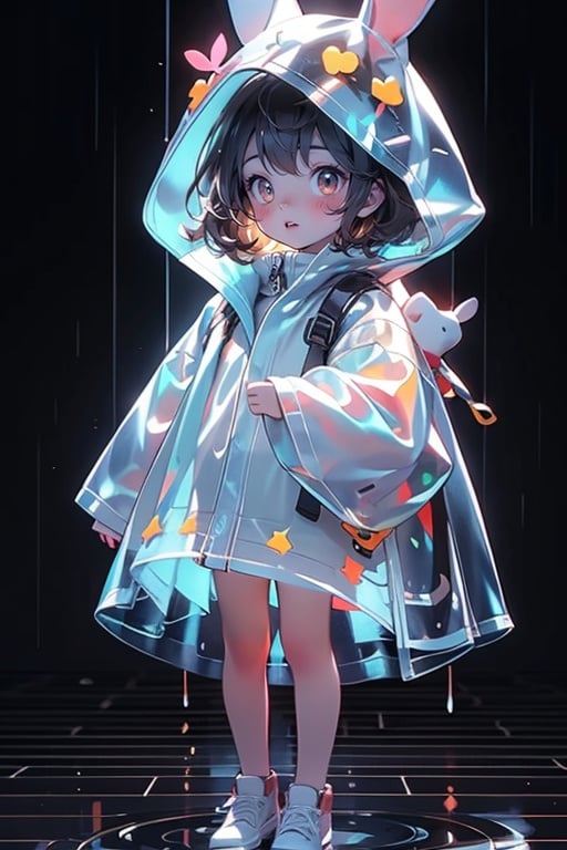 masterpiece,bestquality,highlydetailed,ultra-detailed,extremely detailed CG unity 8k wallpaper, illustration,<lora:zycpp_20230808095133-000020:0.8>, zycpp,1 girl,solo,standing, a raincoat with a hat,a hat in the shape of a rabbit,translucency and luminous raincoat,blush, full body, 