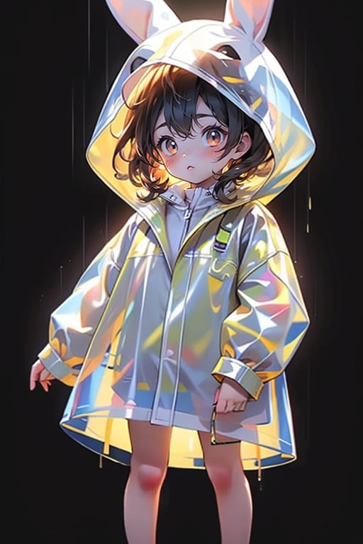 <lora:zycpp_20230808095133-000020:0.8>, zycpp, 1 girl,solo,standing, a raincoat with a hat,a hat in the shape of a rabbit,transparent and luminous raincoat,blush,