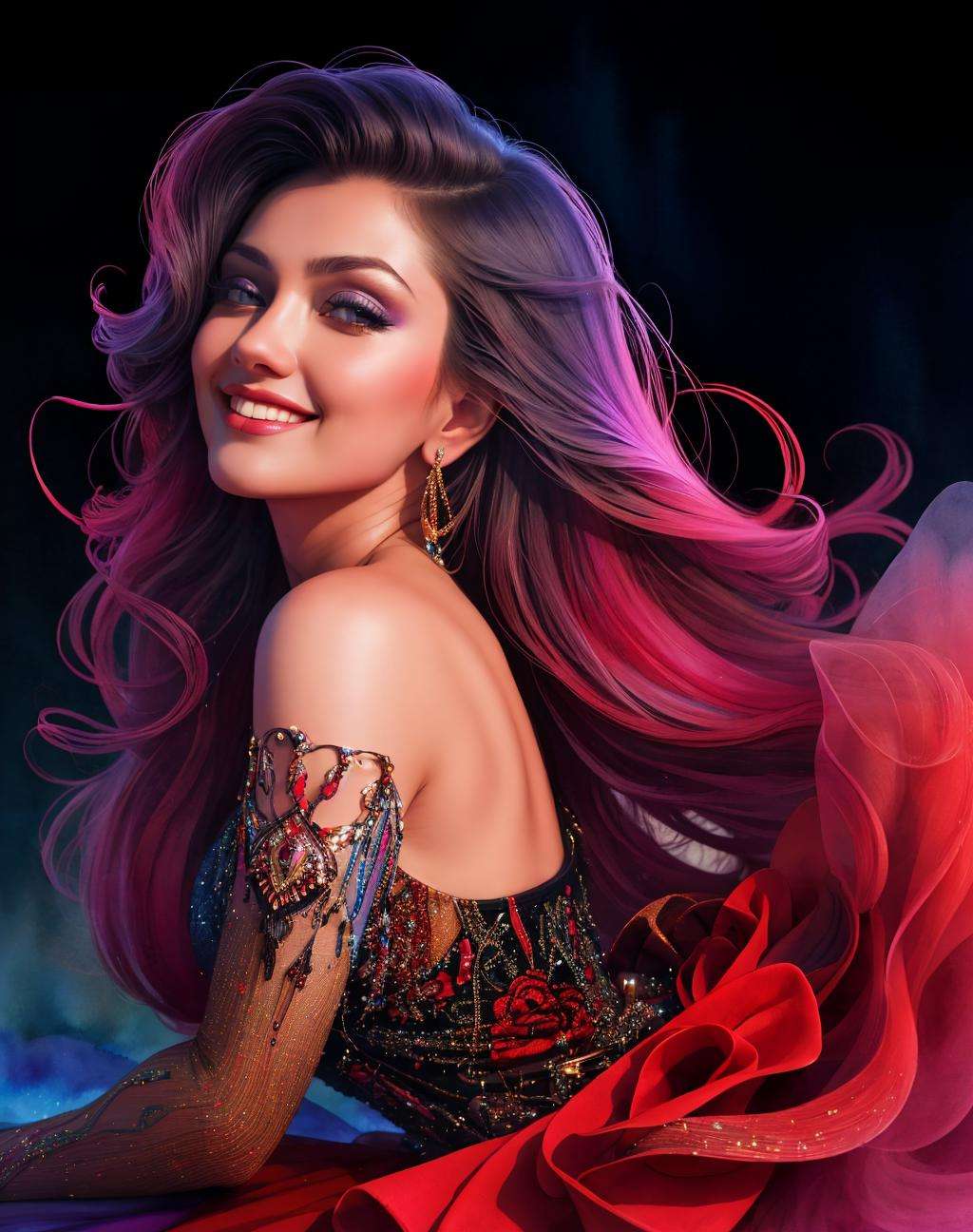 masterpiece,4K,best quality,absurdres, white background ,smiling,(masterpiece, top quality, best quality, official art, beautiful and aesthetic:1.2), extreme detailed, colorful, highest detailed, (watercolour painting:1.3), optical mixing, playful patterns, lively texture, rich colors, unique visual effect, (masterpiece, top quality, official art), (light painting), (long exposure:1.2), dynamic streaks, extreme detailed, black paintings, red and black, candid moments captured, slumped, draped, hc_gown, a woman wearing a chic blue dress decorated with shiny jewels, cowboy shot,<lora:edgHC_GOWN:0.75>