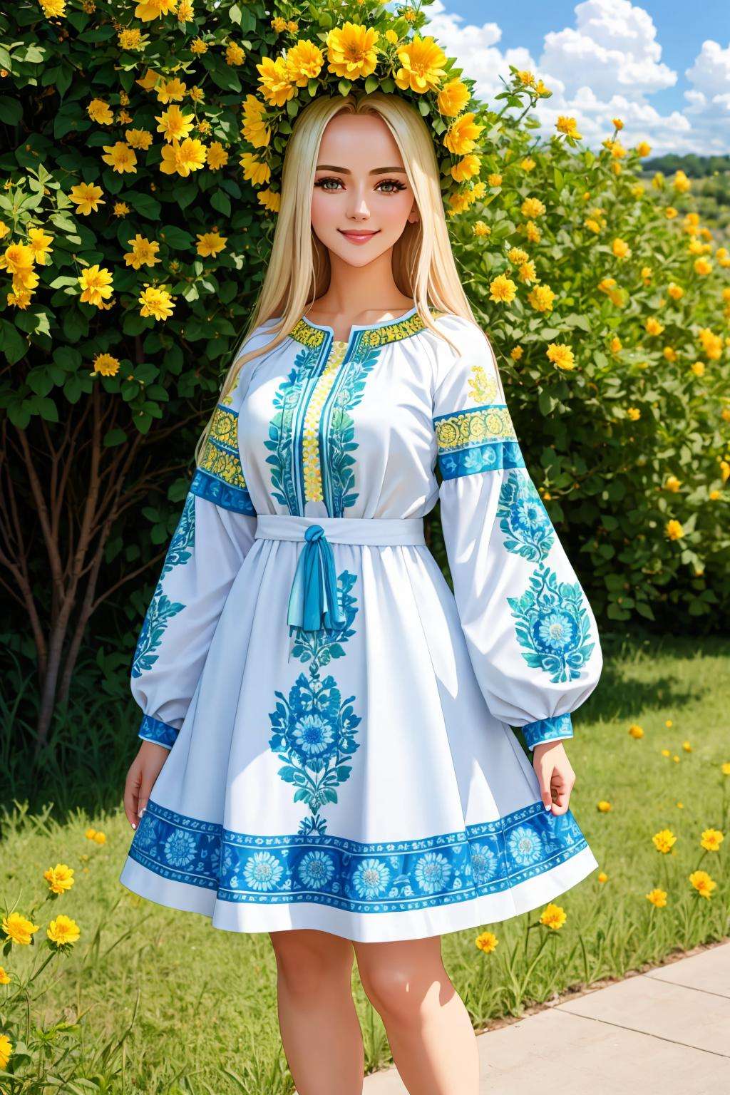 4K, Masterpiece, highres, absurdres,natural volumetric lighting and best shadows,highly detailed face, highly detailed facial features, smiling, edgVyshivanka, blonde Nadia in a white,blue,yellow,green,pruple,black dress and a flower crown ,wearing edgVyshivanka, edgVyshivanka_style_embroidery,floral embroidery, floral print<lora:edgVyshivanka:1> <lora:Nadia:0.55>